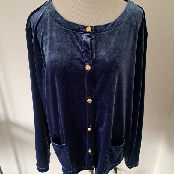 Talbot Plus Navy Blu Velvet Button Front Cardigan Sweater Gold Button Pockets 3X - Picture 2 of 6